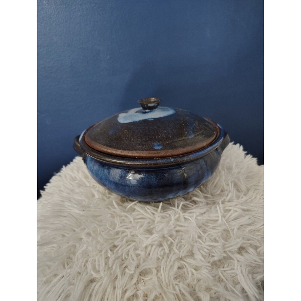 Vintage Bean Pot Studio Art Pottery Dish w Lid Heavy Double Handle Casserole